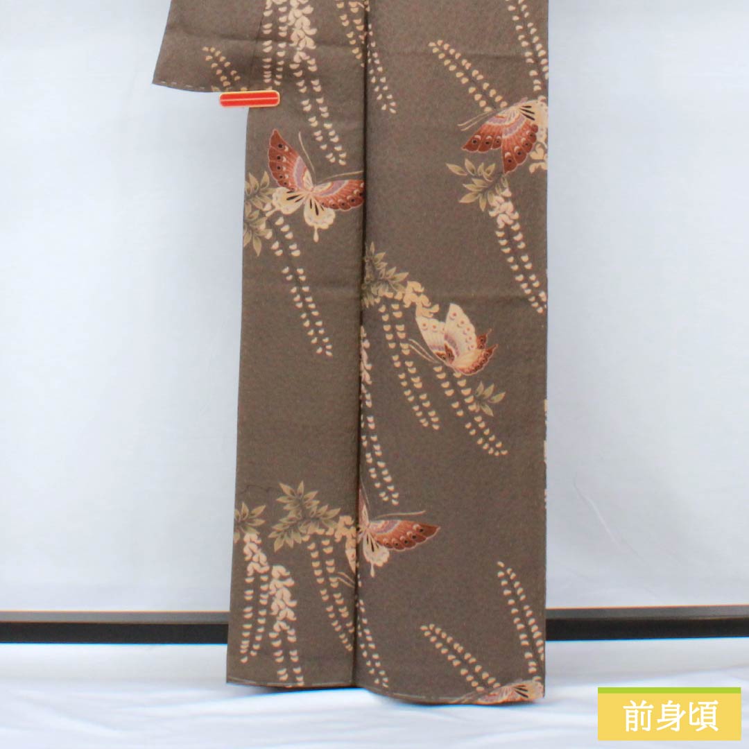 小紋 ポリエステル 身丈163.5cm 裄丈66cm 袷 消炭色（けしずみいろ） 藤 蝶 しつけ糸付き Sランク グレー系 1115005592422