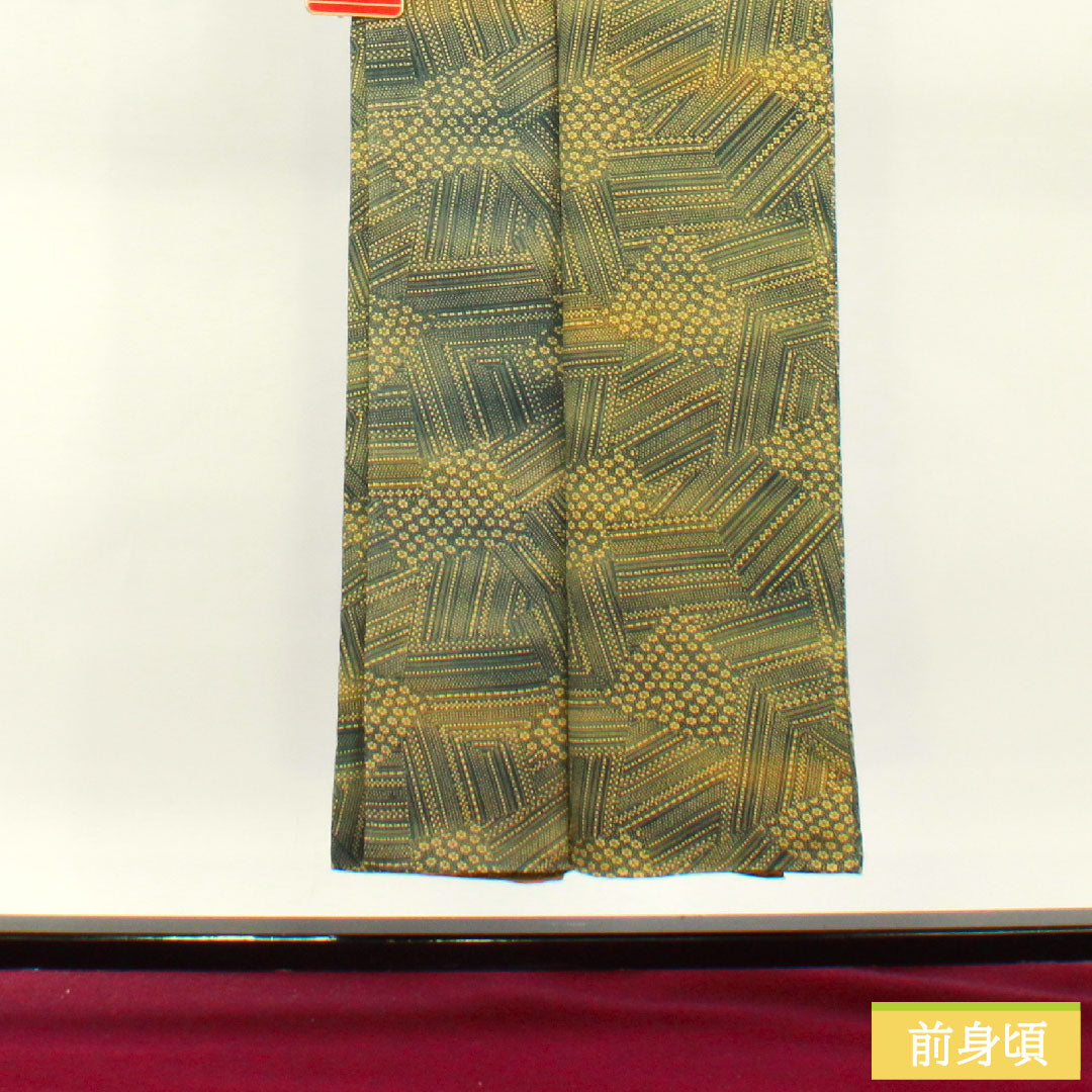 Komon, pure silk, length 148.5cm, sleeve length 61cm, lined, Oribe color, abstract pattern, split pattern, S rank, green, 1115004392119