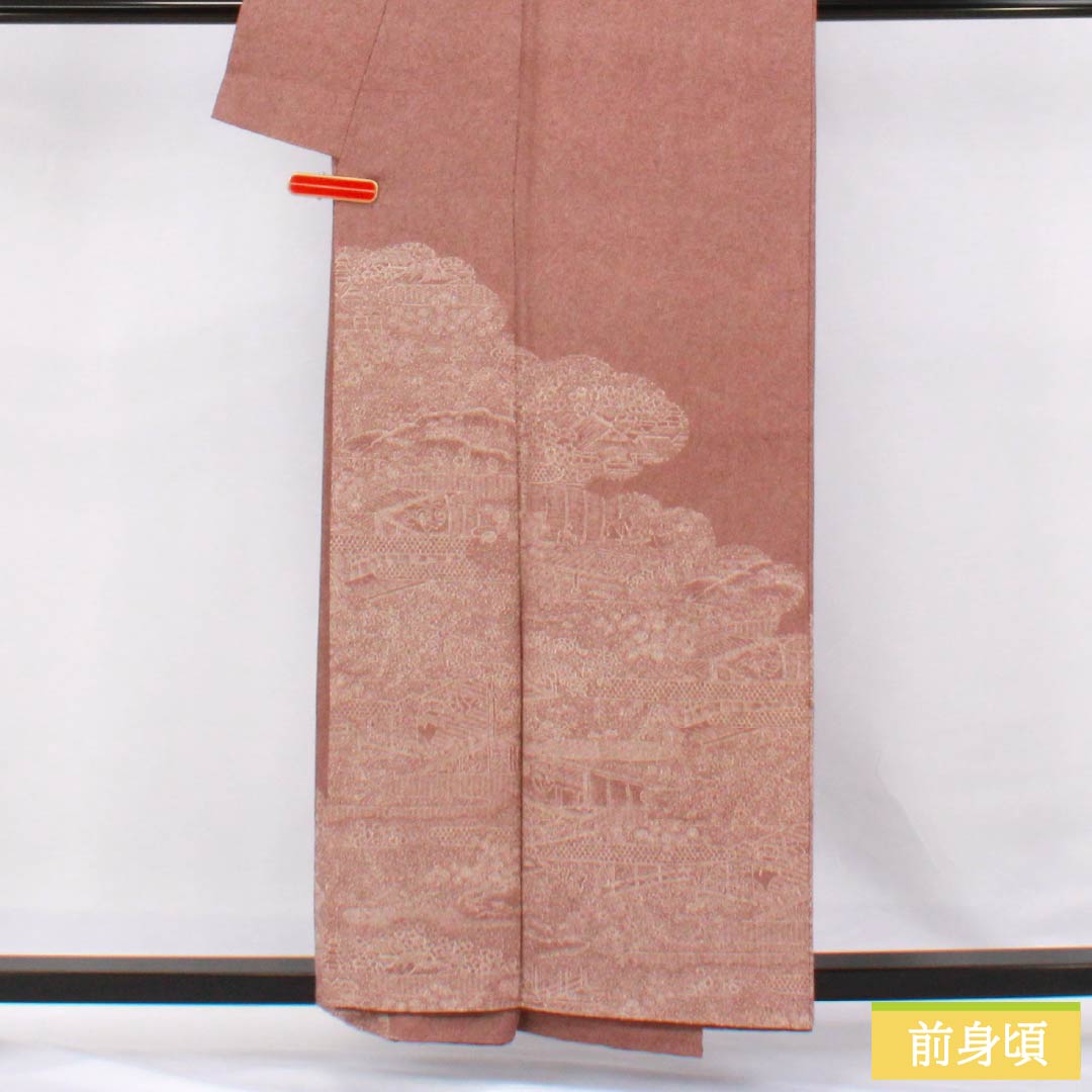 訪問着 正絹 Aランク 袷 身丈157cm 裄丈63cm 赤銅色（しゃくどういろ） 型染 江戸小紋 鮫柄 風景模様 茶系 1112006133314