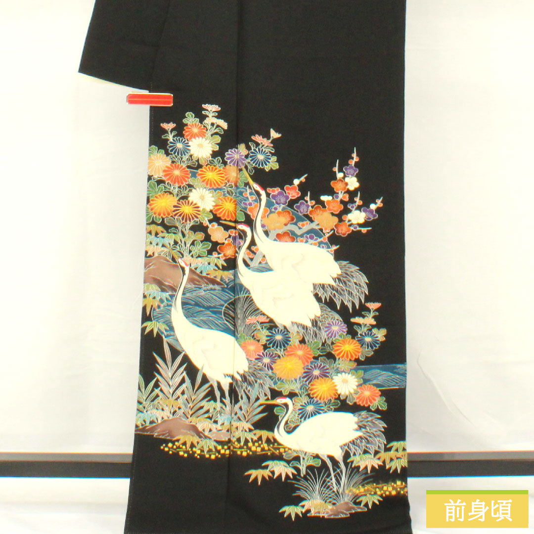 黒留袖 正絹 身丈165cm 裄丈63cm 袷 京友禅 鶴 菊 竹 梅 五つ紋 剣片喰 Aランク 黒系 1111001503510