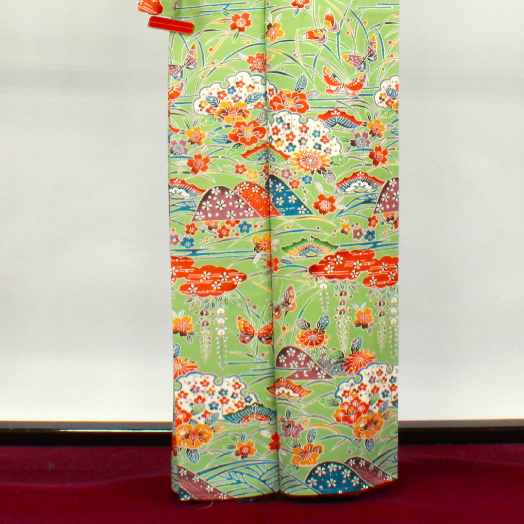 Homongi, pure silk, lined, length 162.5cm, sleeve length 65cm, light green, Kyoto Bingata, auspicious motif, with basting thread, S rank, green, 1112003222419
