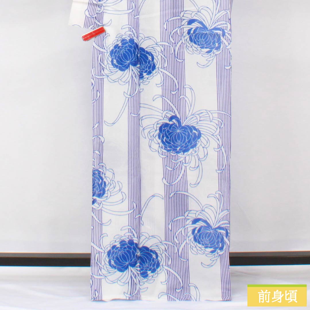 （新品未使用品） 浴衣 ポリエステル 身丈167cm 裄丈65.5cm NEWランク 単衣 白系 白色（しろいろ） 糸菊 経縞 1118005761511