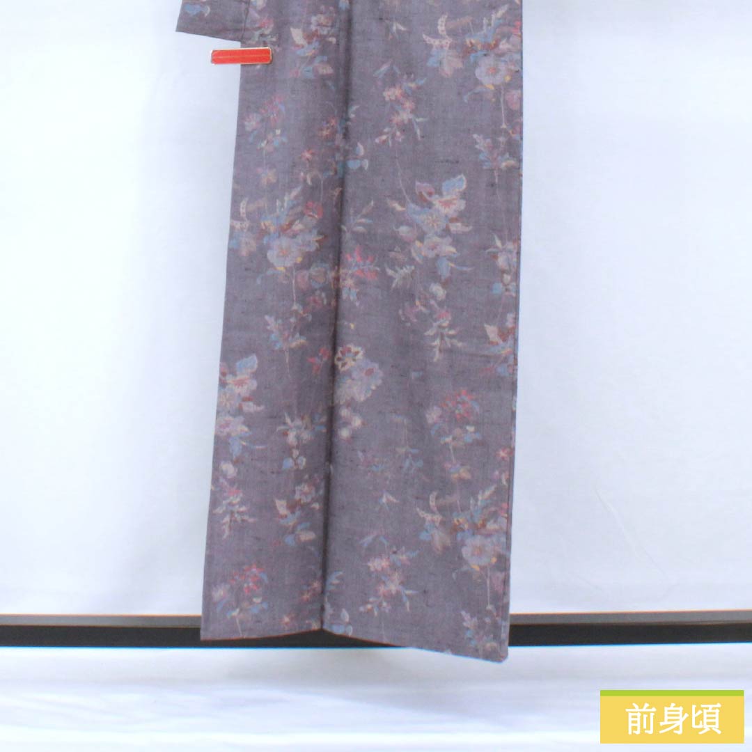 小紋 正絹 身丈157cm 裄丈63cm 単衣 相思鼠色（そうしねずいろ） 型染 紬地 草花模様 Sランク 紫系 1115005762320