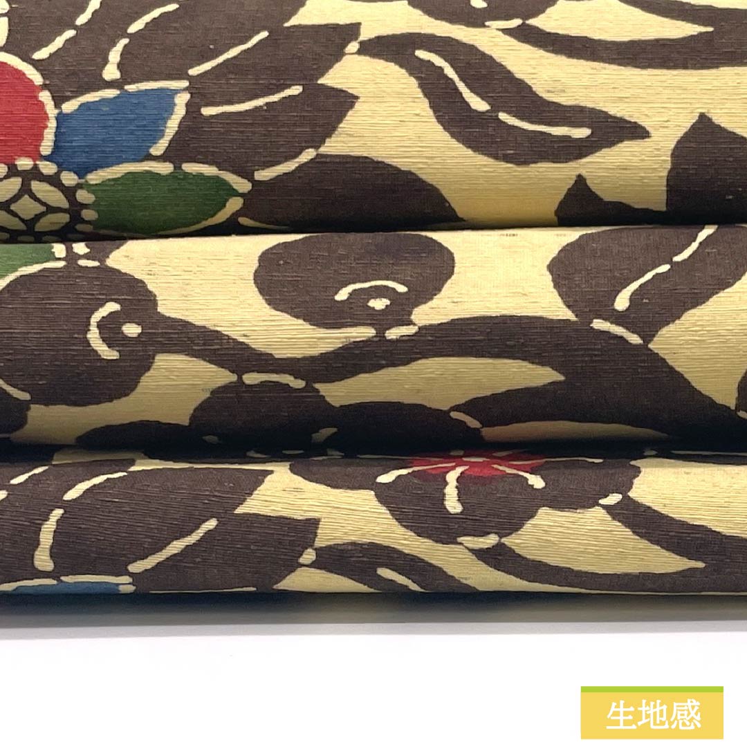 名古屋帯 正絹 Sランク 魚子黄色（ぎょしこういろ） 型染 紅型調 花模様 帯丈360cm 六通 カジュアル クリーム系 1124009672315 名古屋仕立て