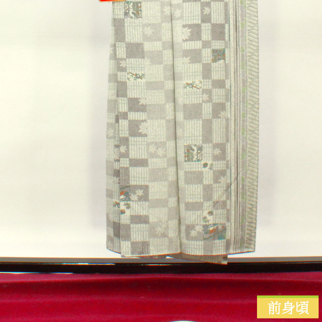 小紋 正絹 身丈151.5cm 裄丈62.5cm 袷 雲井鼠色（くもいねずいろ） 町家風景 幾何学模様 Aランク グレー系 1115004223222