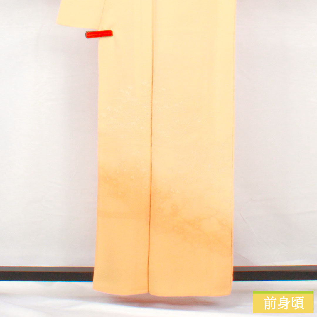 Homongi (formal kimono) made of pure silk with a waistband, length 158cm, sleeve length 66.5cm, light orange color, embroidery, floral pattern, one crest, swallowtail butterfly, tsukesage, S rank, orange, 1112005602326
