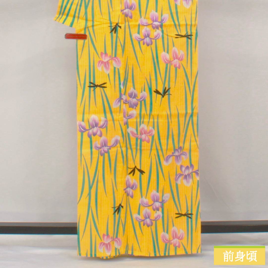 浴衣 木綿 身丈163.5cm 裄丈66cm Sランク 単衣 黄系 黄支子色（きくちなしいろ） 菖蒲 トンボ 1118006392423