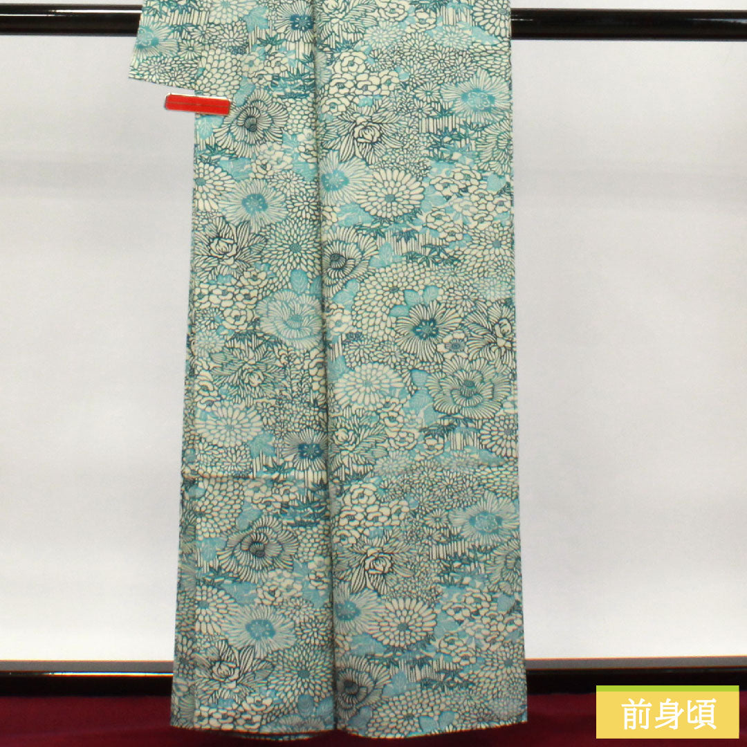 小紋 ポリエステル 身丈160.5cm 裄丈63.5cm 袷  卯の花色 型染 菊 竹 洗える着物  Sランク 白系 1115003752411