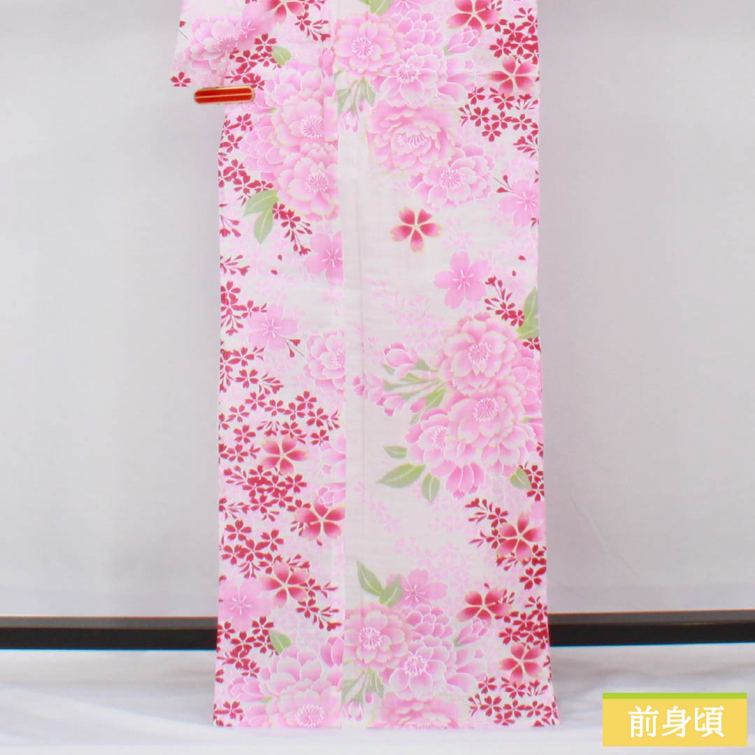 Cotton Yukata, Length 167.5cm, Sleeve Length 65.5cm, S Rank, Single Layer, White, Floral Pattern, 1118005922511