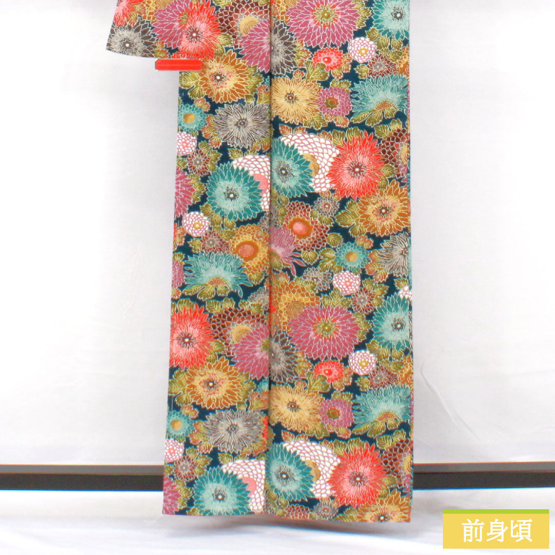 小紋 ポリエステル 身丈161.5cm 裄丈62cm 袷 青藍色（せいらんいろ） 洗える着物 菊 しつけ糸付き Sランク 紺系 1115004522418