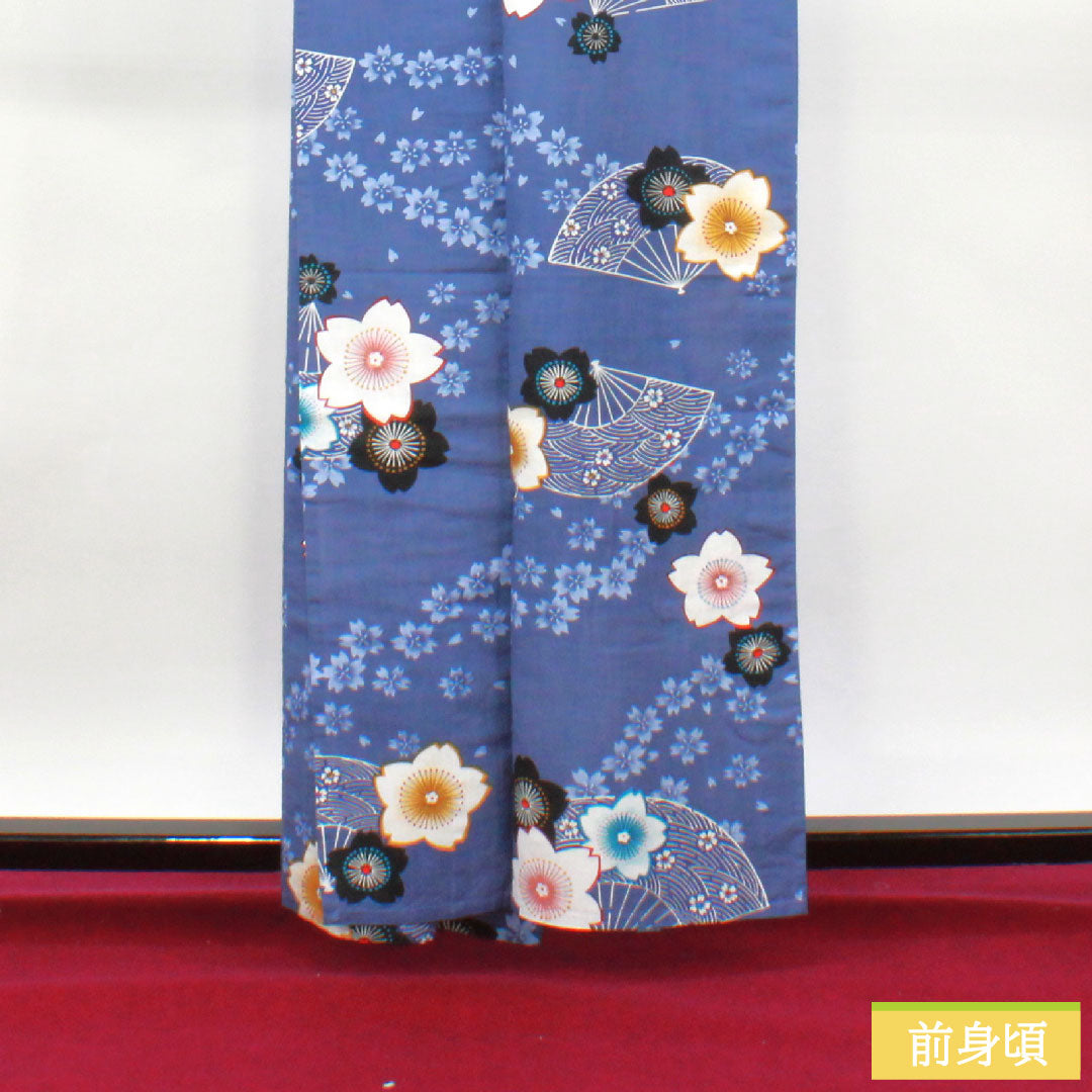 Yukata Cotton Length 160cm Sleeve length 64cm S rank Single layer Blue Edo-nandou color Cherry blossom Folding fan 1118005192417