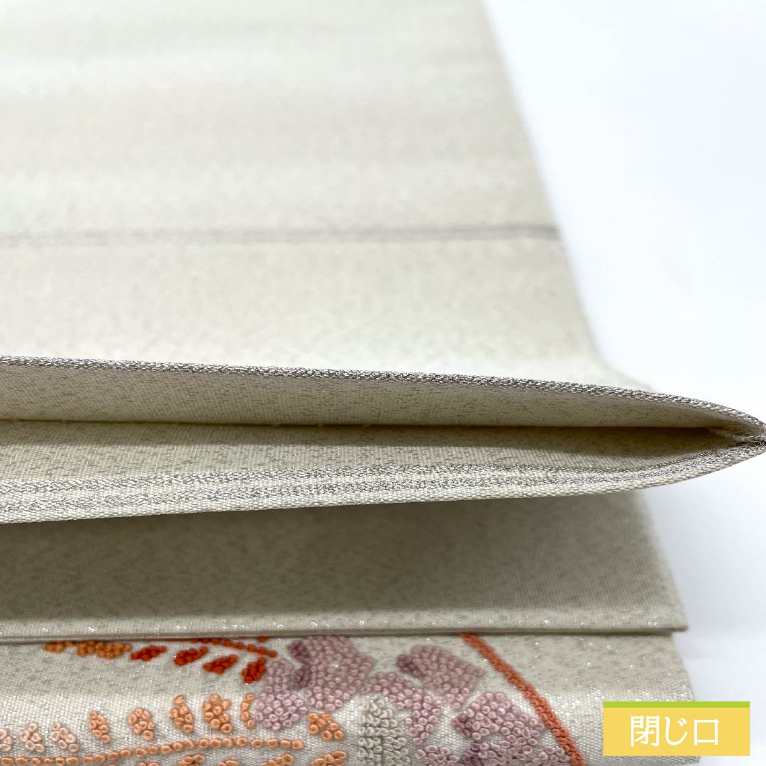 袋帯 正絹 胡粉色（ごふんいろ） 綴れ織 相良刺繍 扇面 牡丹 帯丈448cm Aランク ポイント柄 フォーマル 白系 1123012653311