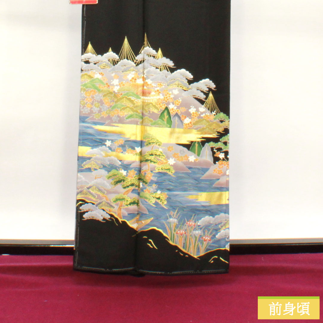 黒留袖 正絹 身丈162cm 裄丈66cm 袷  京友禅 風景模様 五つ紋 沢瀉 しつけ糸付き 未使用品 Sランク 五つ紋 黒系 1111001252410