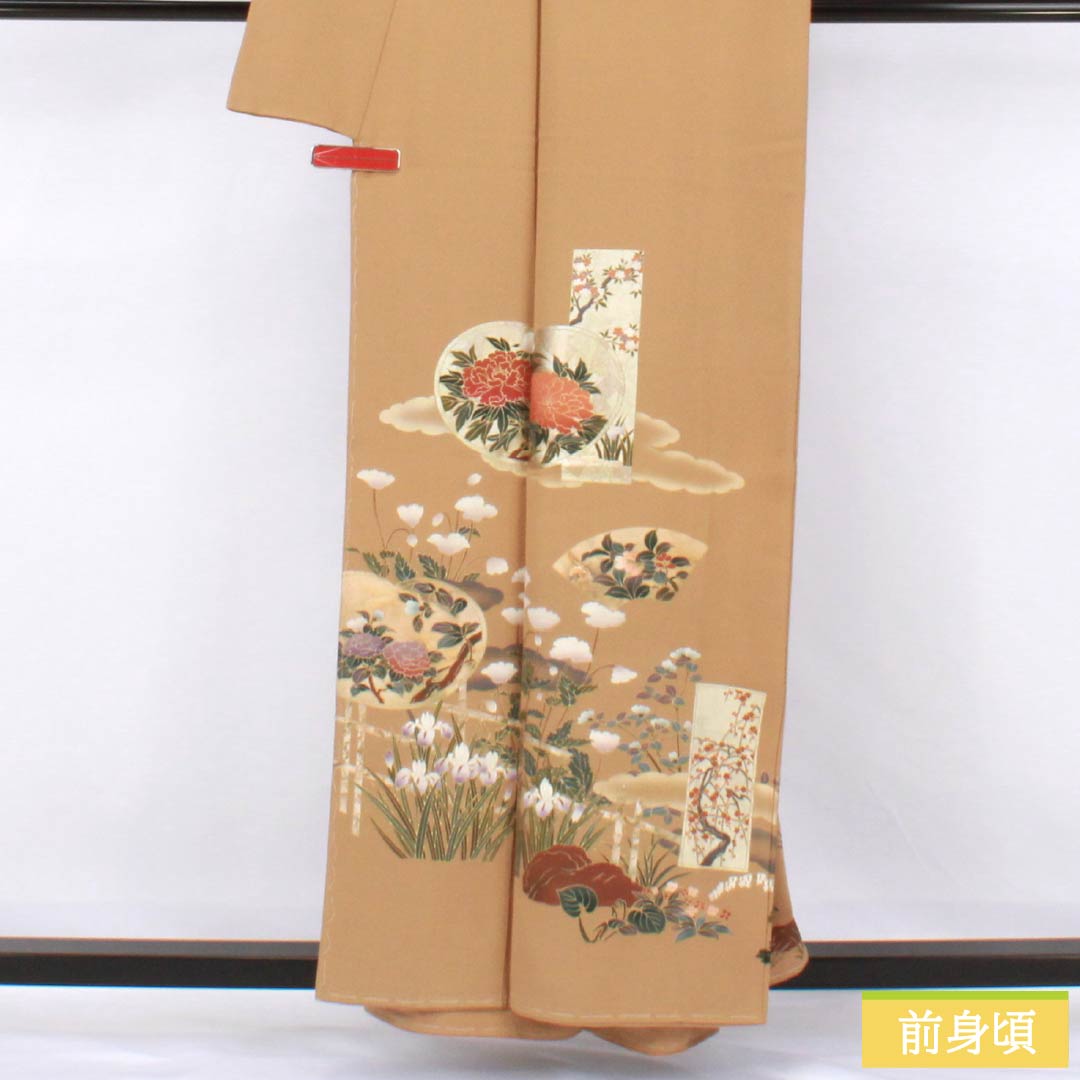 色留袖 正絹 Sランク 身丈157.5cm 裄丈63cm 袷 丁子色（ちょうじいろ） 一つ紋 丸に違い鷹の羽 草花 スコッチガード 一つ紋 茶系 1111002022314