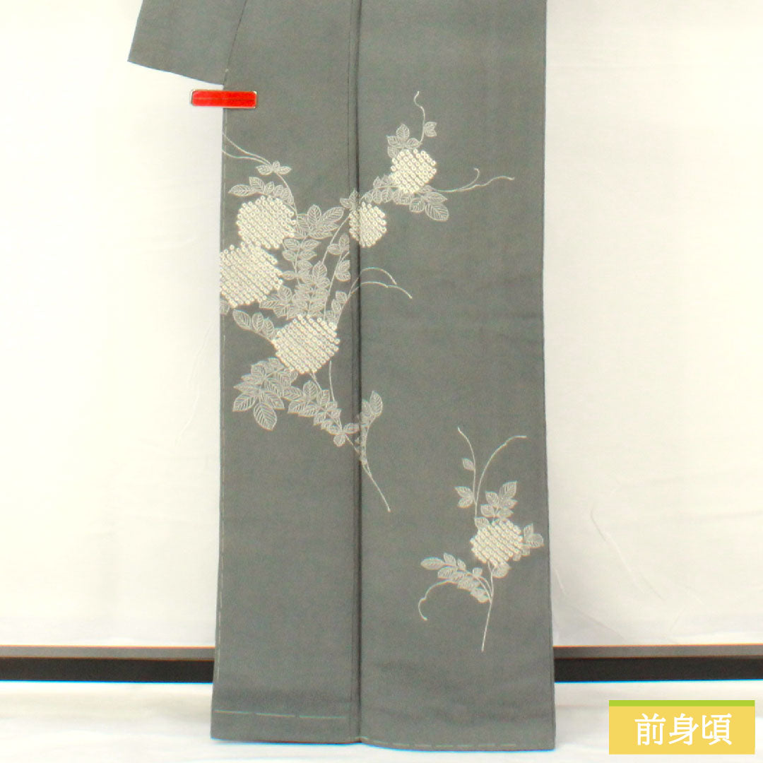 訪問着 正絹 袷 身丈163.5cm 裄丈63.5cm 青鈍色（あおにびいろ） 紫陽花 部分絞り Aランク グレー系 1112005353422