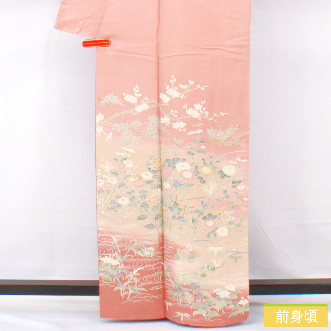 Homongi, pure silk, lined, length 162cm, sleeve length 64cm, Shinonome-iro, Kyoto Yuzen, floral pattern, with basting thread, S rank, pink, 1112005692413