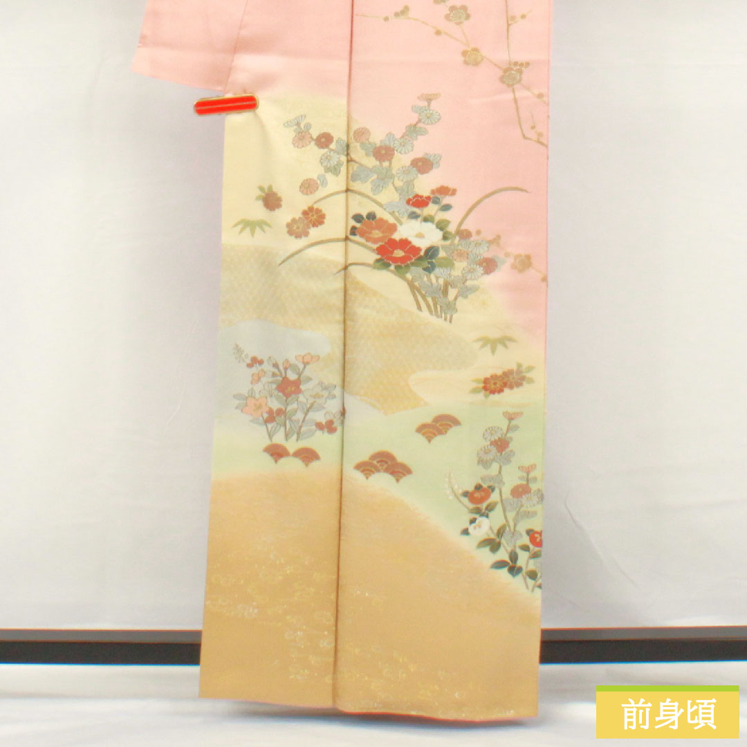 訪問着 正絹 袷 身丈161.5cm 裄丈65.5cm 薄紅梅色（うすこうばいいろ） 京友禅 吉祥文様 Bランク ピンク系 1112006004413