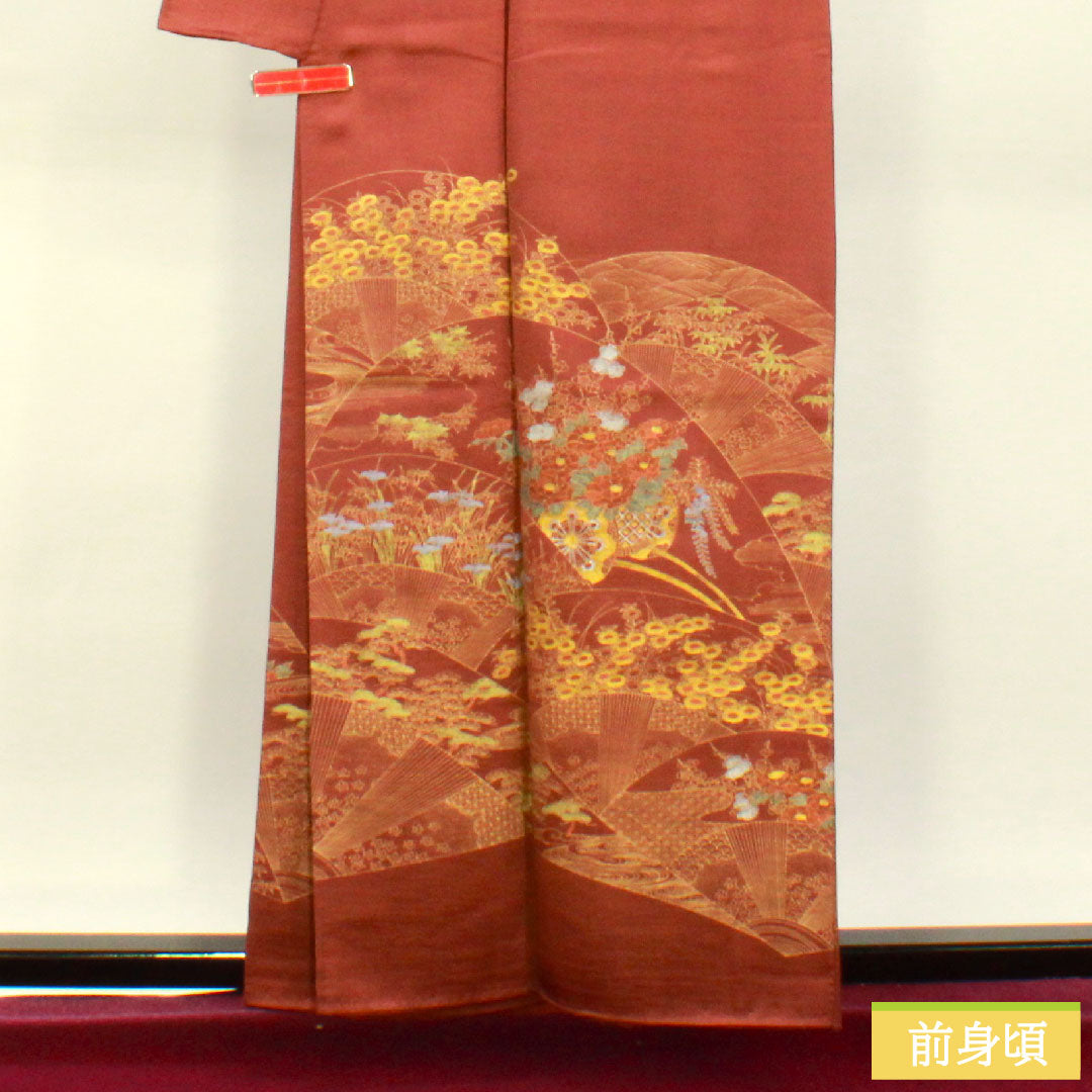 Homongi, pure silk, lined, length 161cm, sleeve length 63cm, azuki color, Kyo-Yuzen, flower cart, auspicious motif, S rank, red, 1112004302412