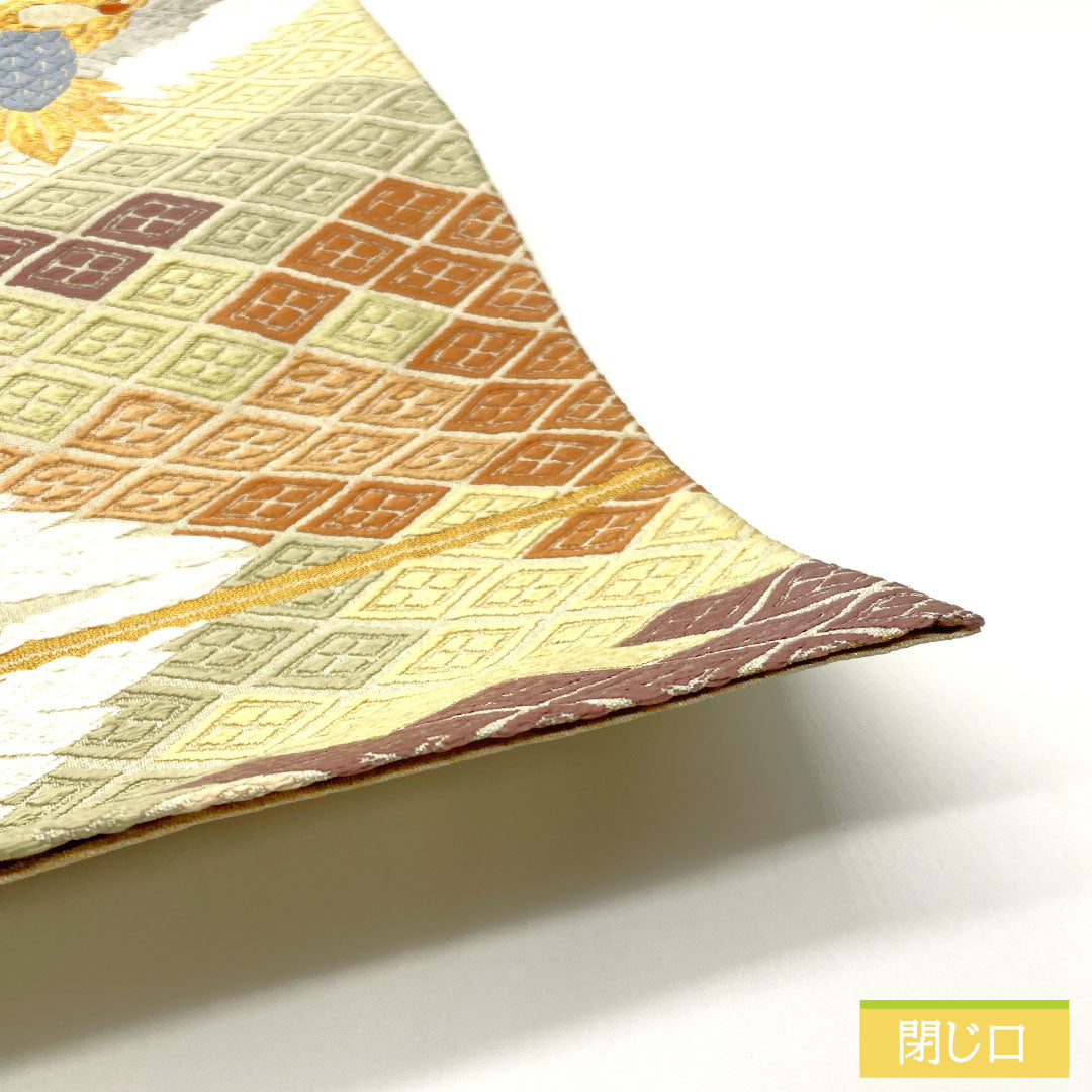 A-Rank Pure Silk Fukuro Obi (Sash) in Sobakiri (Soba-kiri Color) with Nishijin-ori (Karaori) Weave, Facing Cranes and Tortoise Shell Pattern, Length 434cm, Six-Pass, Formal, Beige, Product Number: 1123016063325