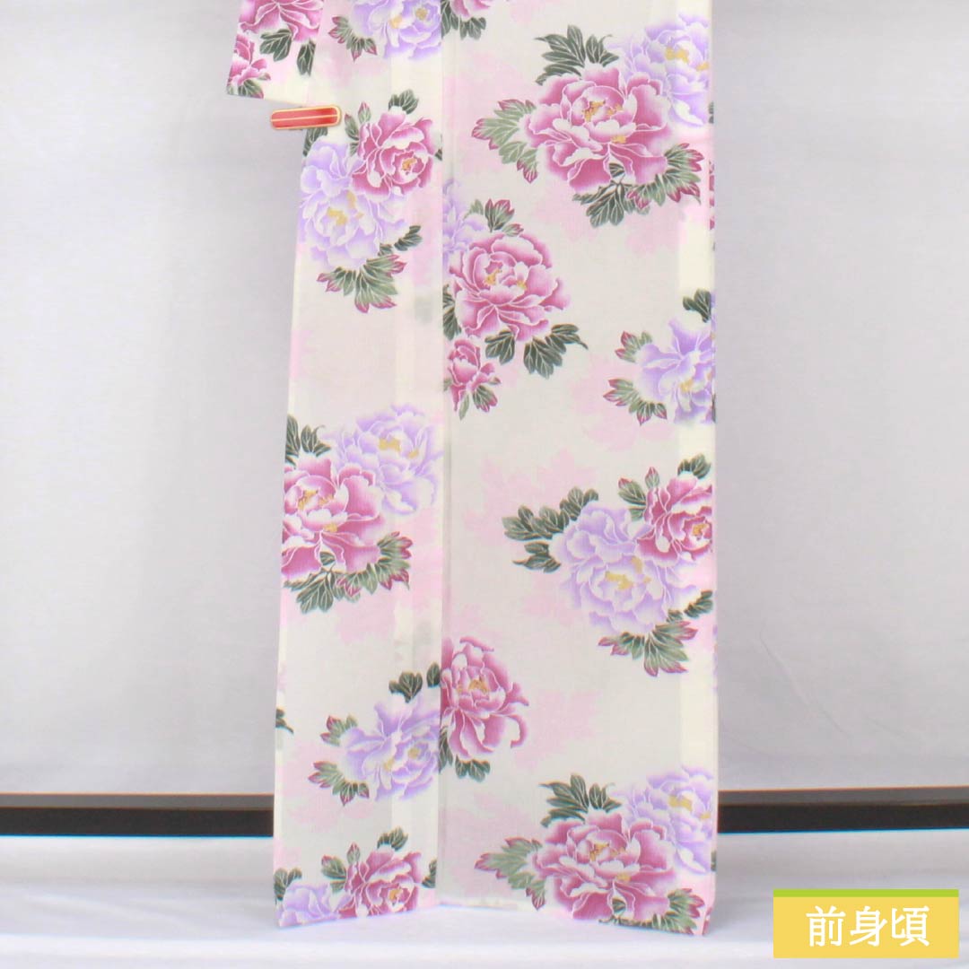 浴衣 ポリエステル 身丈166cm 裄丈69cm Sランク 単衣 白系 牡丹 きもの道楽 1118005352511