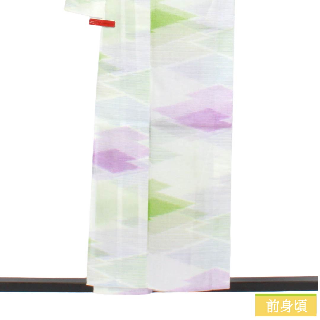 夏物 ポリエステル 紬 Bランク 身丈156.5cm 裄丈64.5cm 型染 松皮菱 洗える着物 紗 白系 1132004934311