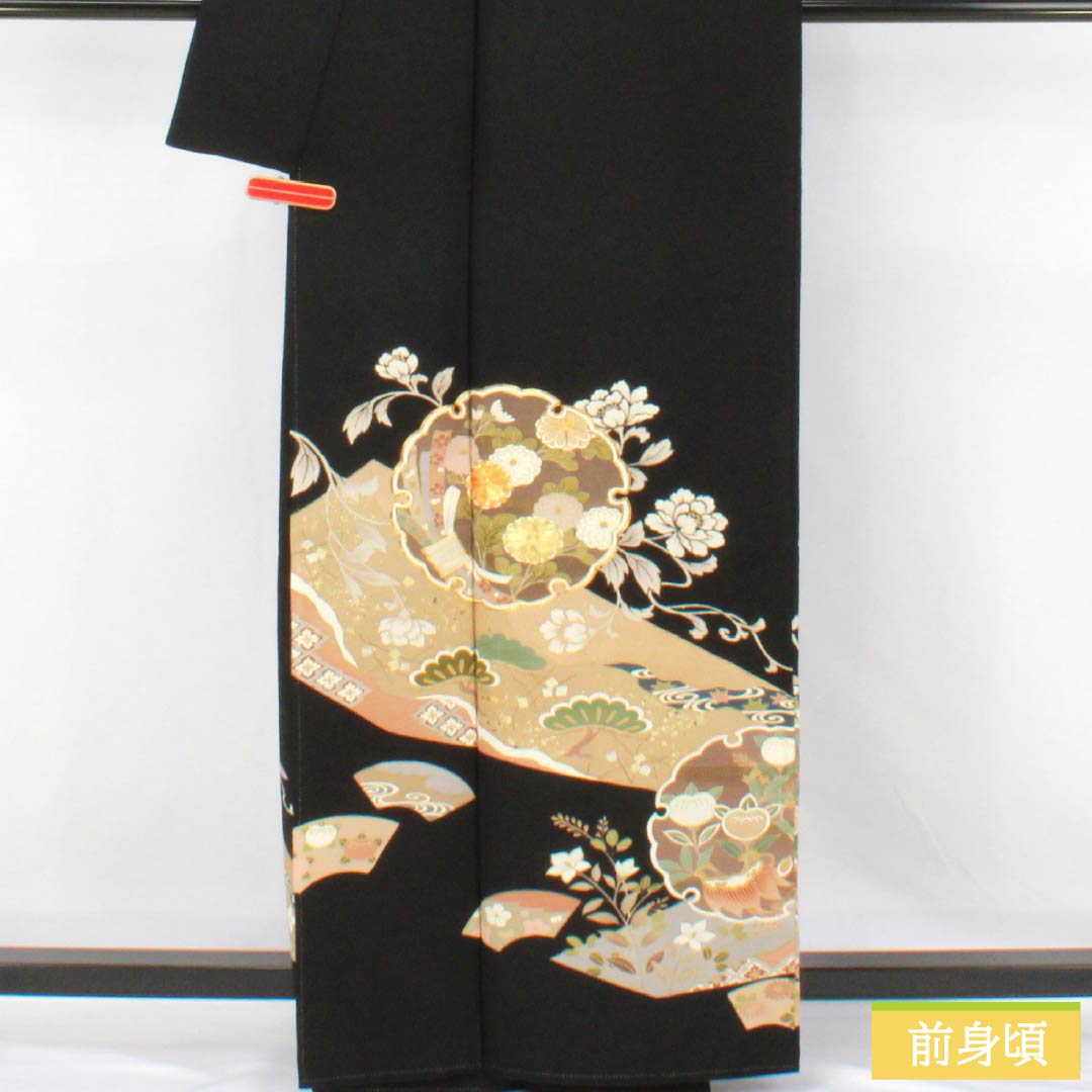 黒留袖 正絹 Bランク 身丈161cm 裄丈66cm 袷 京友禅 五つ紋 右に三つ巴 吉祥文様 雪輪 扇面 梅 五つ紋 黒系 1111001984410