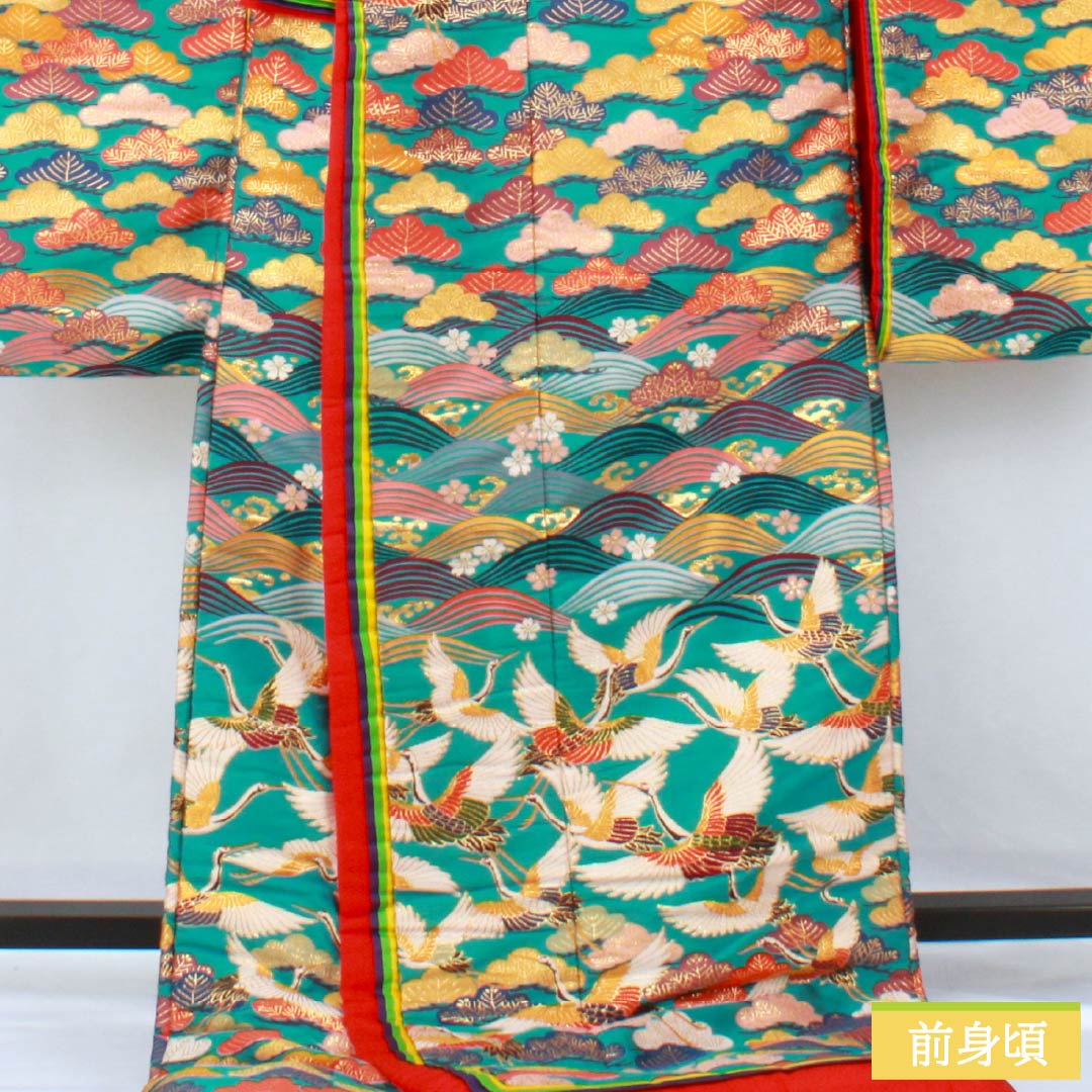 色打掛 正絹 Sランク 身丈194cm 裄丈64.5cm 浅葱色（あさぎいろ） 松 波 鶴 袷 青系 1110001082917