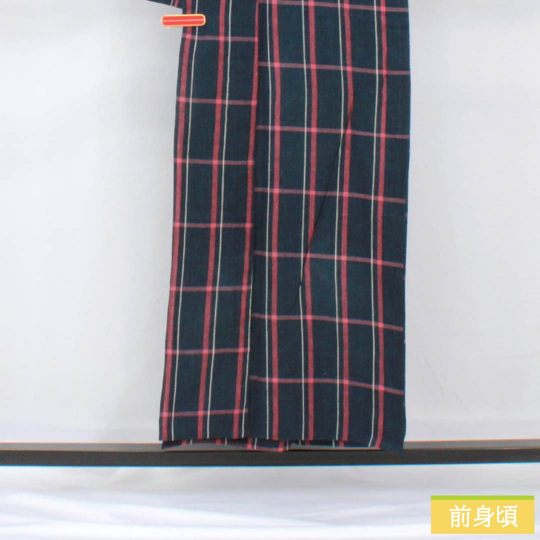 Yukata Cotton Length 154cm Sleeve length 65cm B rank Single layer Navy blue Indian indigo Shijira weave Check pattern 1118005624218