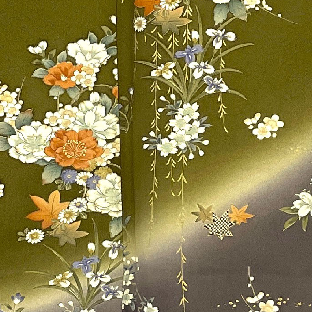 小紋 身丈164cm 裄丈67cm 袷  染め分け 草花模様  正絹 Sランク 緑系 1115001392419