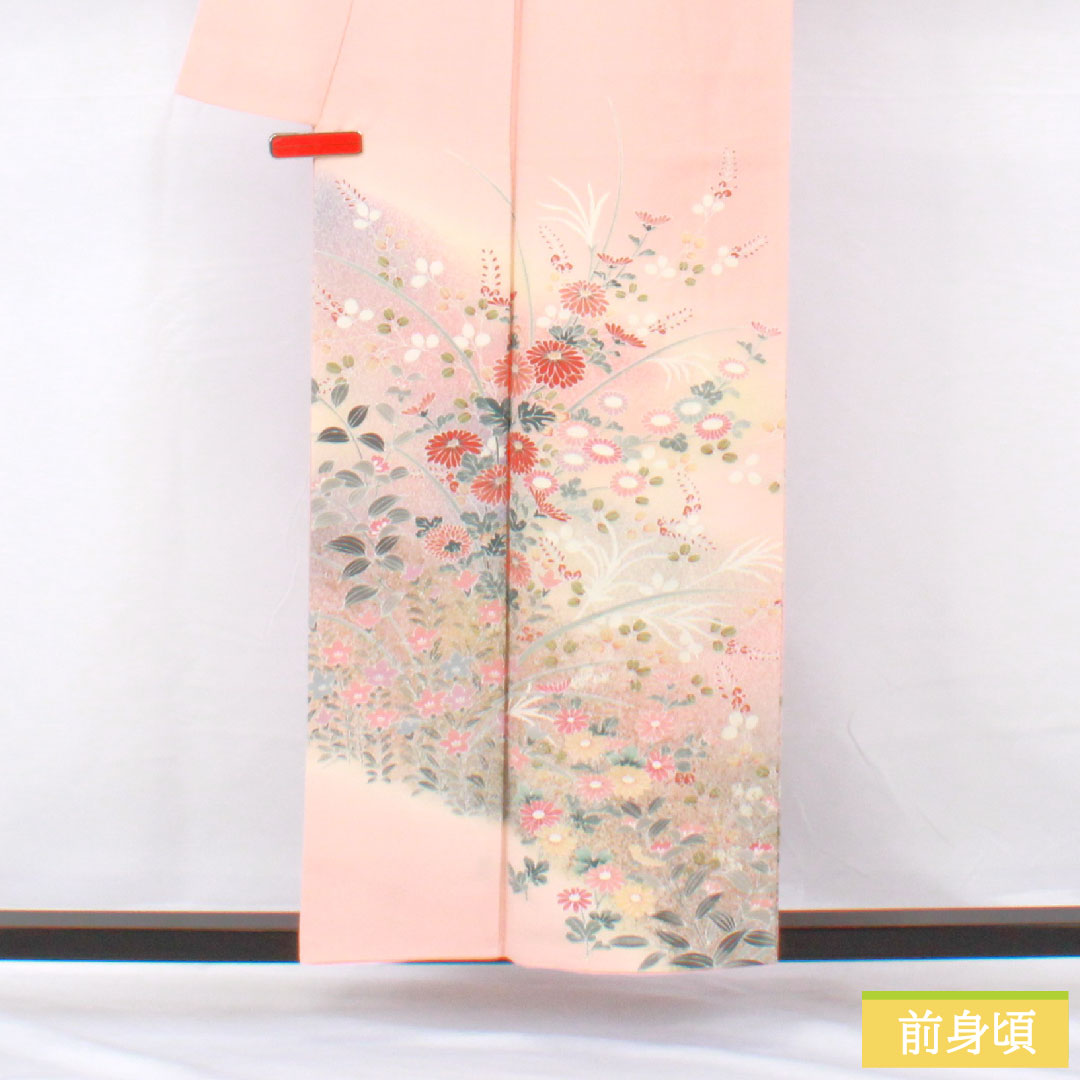 Homongi, pure silk, lined, length 156cm, sleeve length 61.5cm, Shinonome color, floral pattern, S rank, pink, 1112005732313