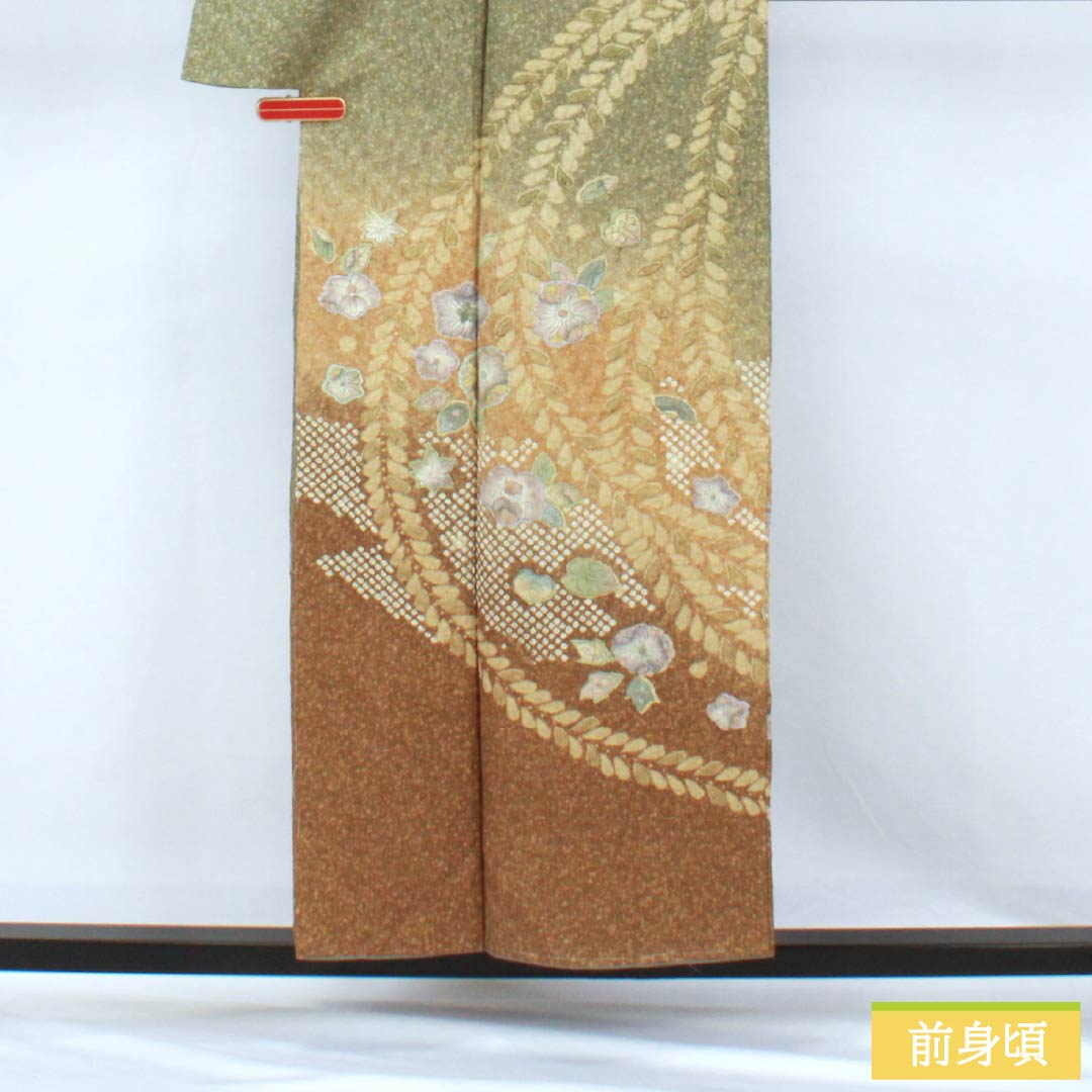 訪問着 正絹 Sランク 袷 身丈155cm 裄丈64.5cm 利休生壁色（りきゅうなまかべいろ） 絞り 辻が花 しつけ糸付き 作家物  緑系 1112006862319