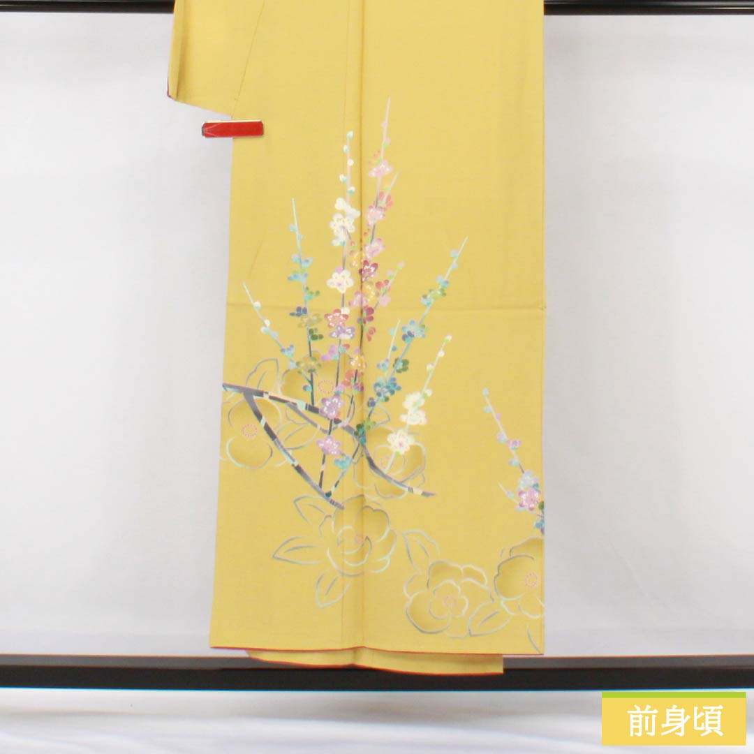 訪問着 正絹 Sランク 袷 身丈149.5cm 裄丈63cm 卵色（たまごいろ） 加賀友禅 手描き 峰山 作家物 草花 黄系 1112007262123