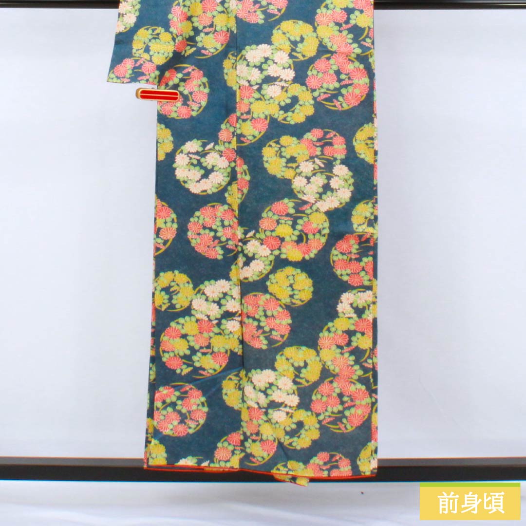小紋 正絹 Aランク 身丈154cm 裄丈60cm 袷 紺色（こんいろ） 花丸紋 紺系 1115007693218