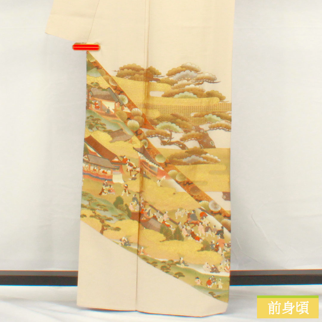 Colored Tomesode, pure silk, length 163cm, sleeve length 64cm, lined, white neri-iro (white paste color), Kyoto Yuzen embroidery, historical figures and landscape pattern, one crest, three oak leaves, pearl tone finish, A rank, beige, 1111001493425