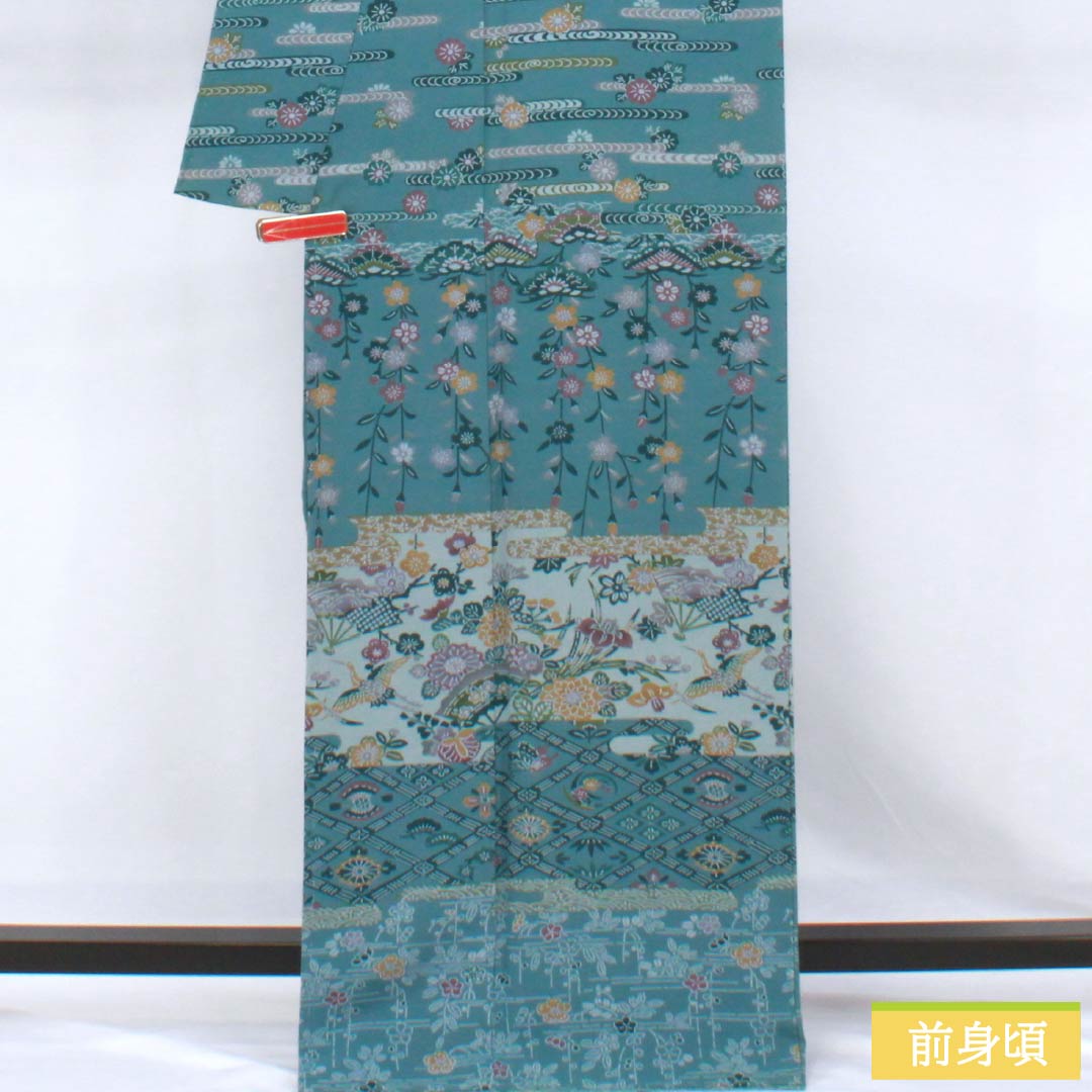 Homongi Silk S-Rank Lined Kimono Length 166cm, Sleeve to Sleeve 67.5cm, Kage-asagi Color, Stenciled, Artist-made, Classic Pattern, With basting stitches, Blue series, 1112007792517