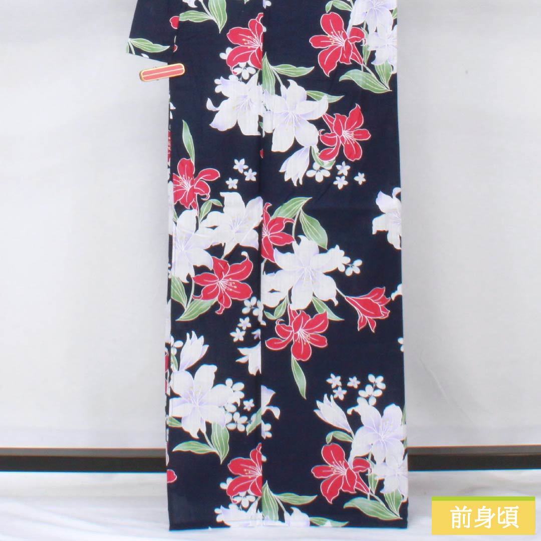 浴衣 木綿 身丈166cm 裄丈65cm Aランク 単衣 紺系 紺色（こんいろ） 百合 INGNI イング 1118006173518