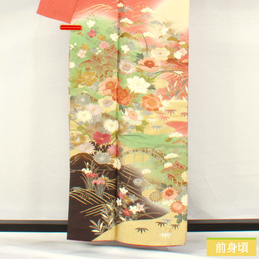 Homongi, pure silk, lined, length 160cm, sleeve length 63cm, coral color, Kyo-Yuzen, embroidery, auspicious pattern, A rank, pink, 1112005423413
