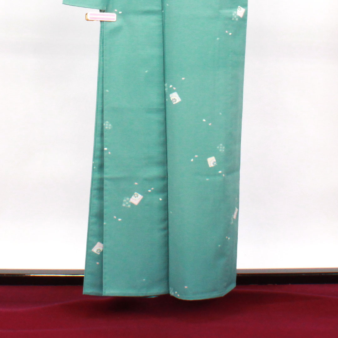 Summer kimono, polyester, small pattern, length 158.5cm, sleeve length 62cm, flower green-blue color, washable kimono, cherry blossom petals, silk, S rank, green, 1132001692319