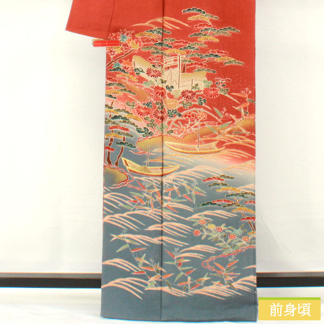 訪問着 正絹 袷 身丈165.5cm 裄丈65cm 弁柄色（べんがらいろ） 京友禅 茶屋辻風景模様 ちりめん地 Aランク 朱系 1112005923516