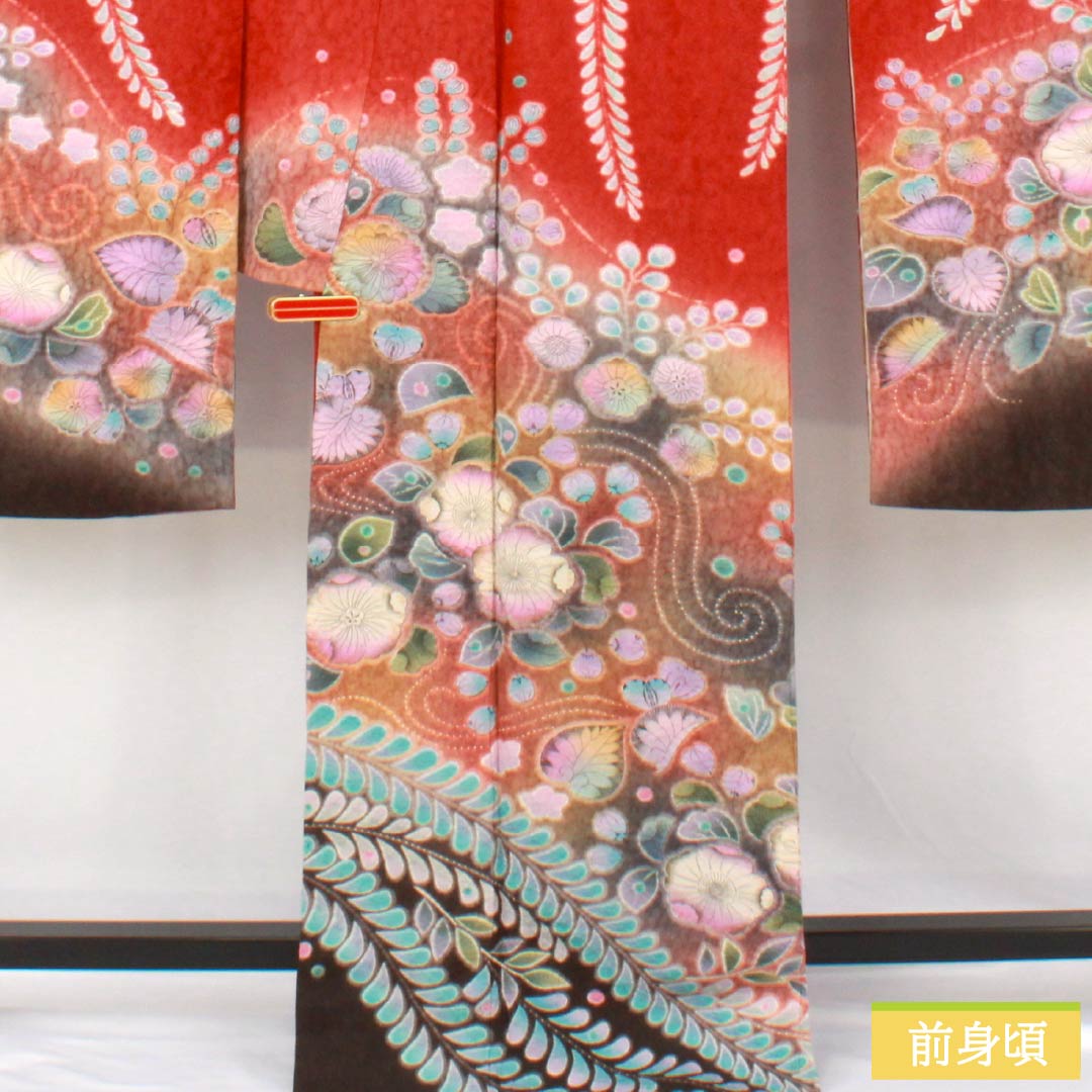 振袖 正絹 Sランク 身丈178cm 裄丈69cm 袷 濃紅葉色（こいもみじいろ） 銀通し 絞り 辻ヶ花 作家物  赤系 1113002712812