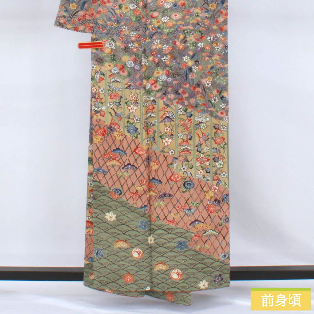訪問着 正絹 Sランク 袷 身丈157cm 裄丈66.5cm 灰紫色（はいむらさきいろ） 青柳鼠色（あおやぎねずいろ） 型染 西岡都巳二 作家物 古典柄 マルチカラー 1112007682328