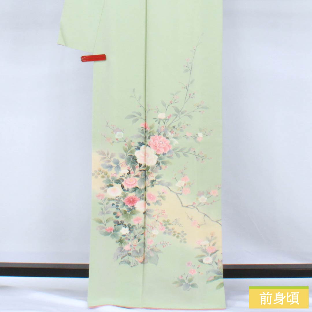 Visiting Kimono, Pure Silk, Grade B, Lined, Length 165cm, Sleeve Length 65.5cm, Light Green, Floral Design, Artist: Shuichi, Included Basting Thread, Green, Product Number: 1112006974519