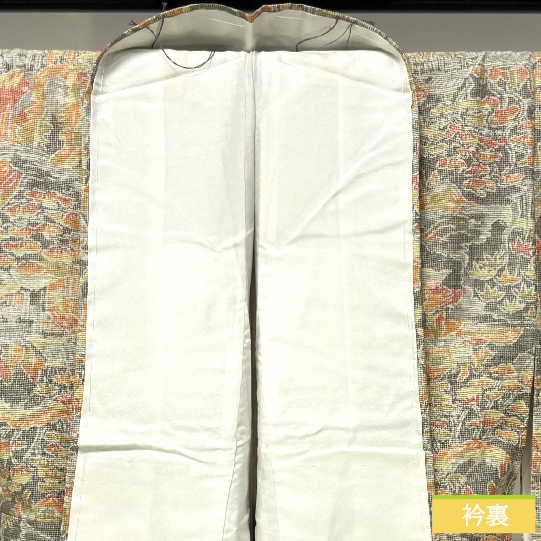 紬 正絹 身丈150.5cm 裄丈62cm 絹鼠色（きぬねずいろ） 風景模様 しつけ糸付き 未使用品 Sランク 袷 グレー系 1116003402122