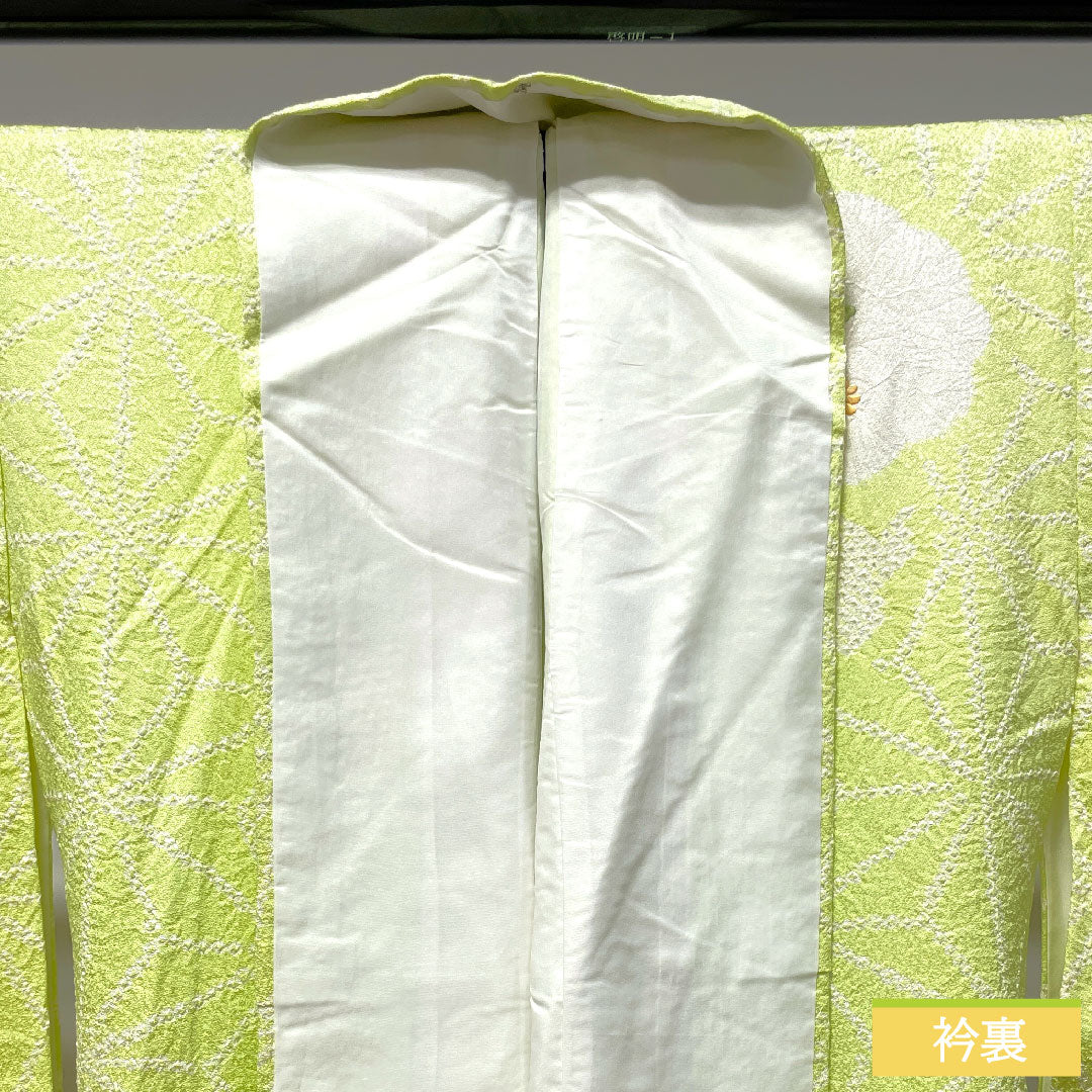 訪問着 正絹 袷 身丈162.5cm 裄丈62cm 若芽色 刺繡 絞り 麻の葉 Aランク 緑系 1112003433419