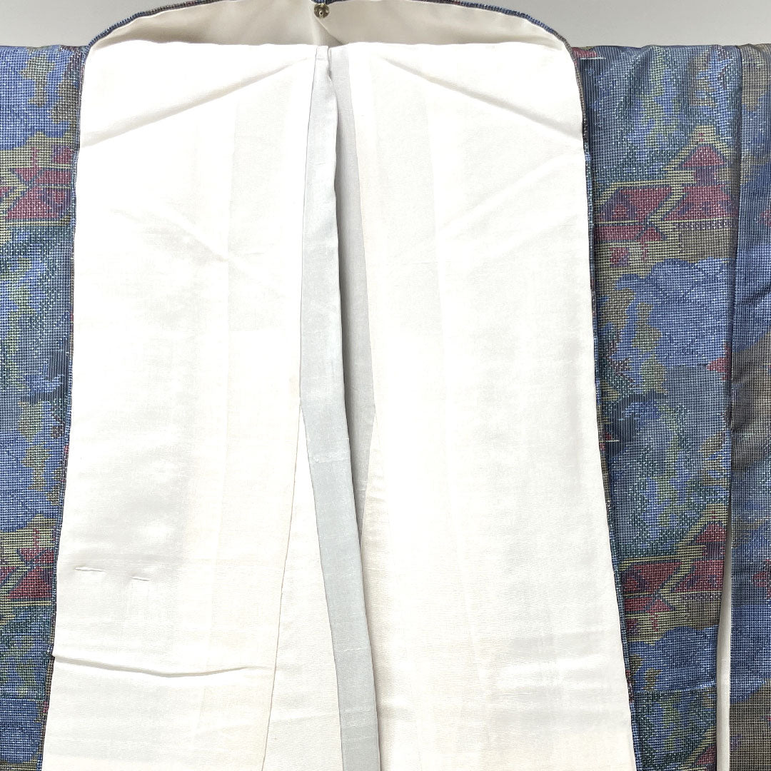 大島紬 身丈154cm 裄丈62cm 青袋鼠色 緯総絣 風景模様 正絹 Aランク 袷 青系 1116002673217
