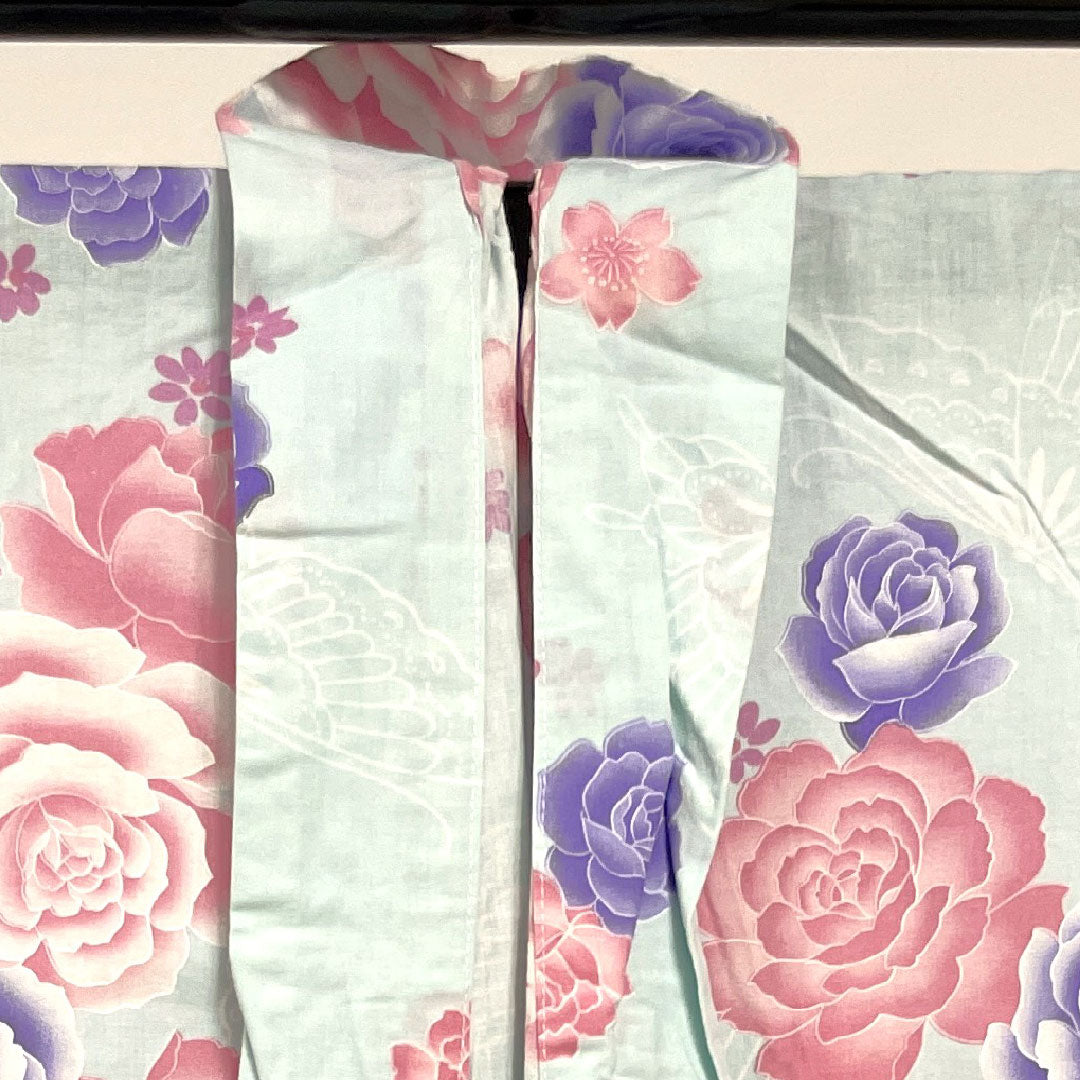 Yukata Indigo White Rose Cherry Blossom Butterfly Cotton A Rank Single Layer Length 158.5cm Sleeve Length 63.5cm Blue 1118001113317