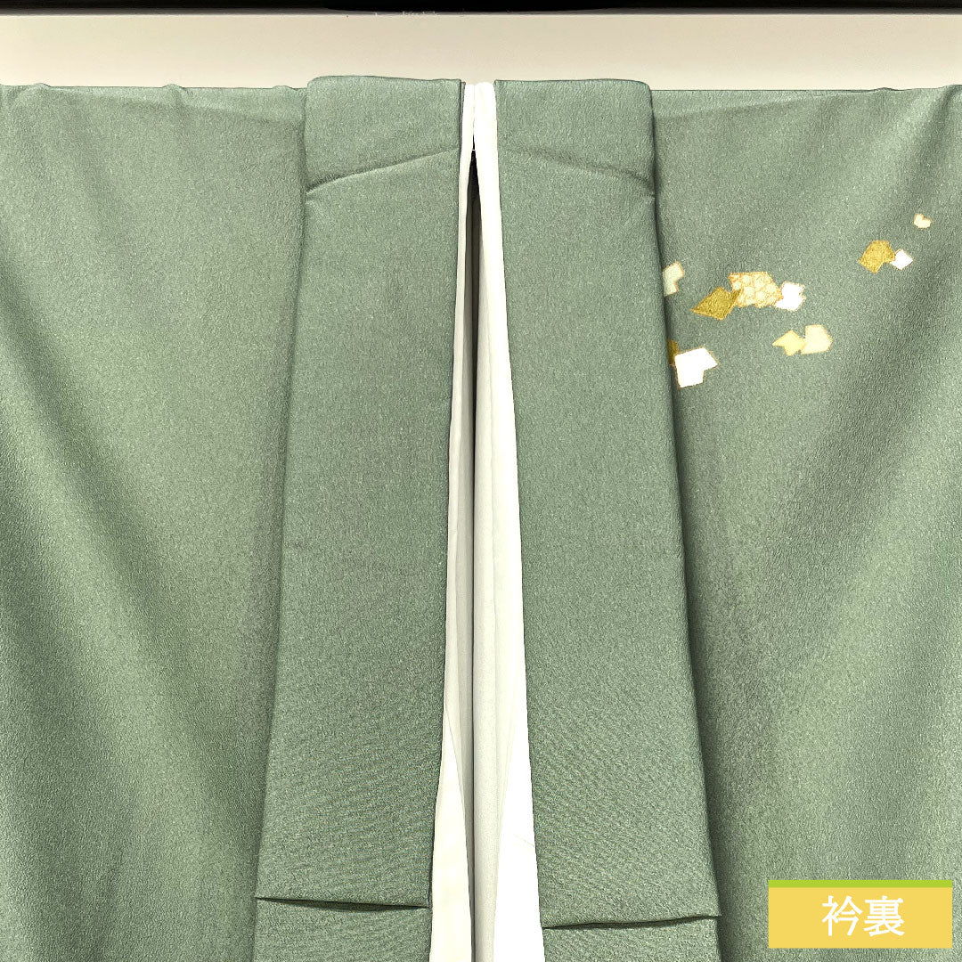 Homongi (formal kimono) made of polyester, lined, length 160.5cm, sleeve length 66cm, Chigusairo (chigusai-iro), washable kimono, flowing water, A rank, green, 1112004603419