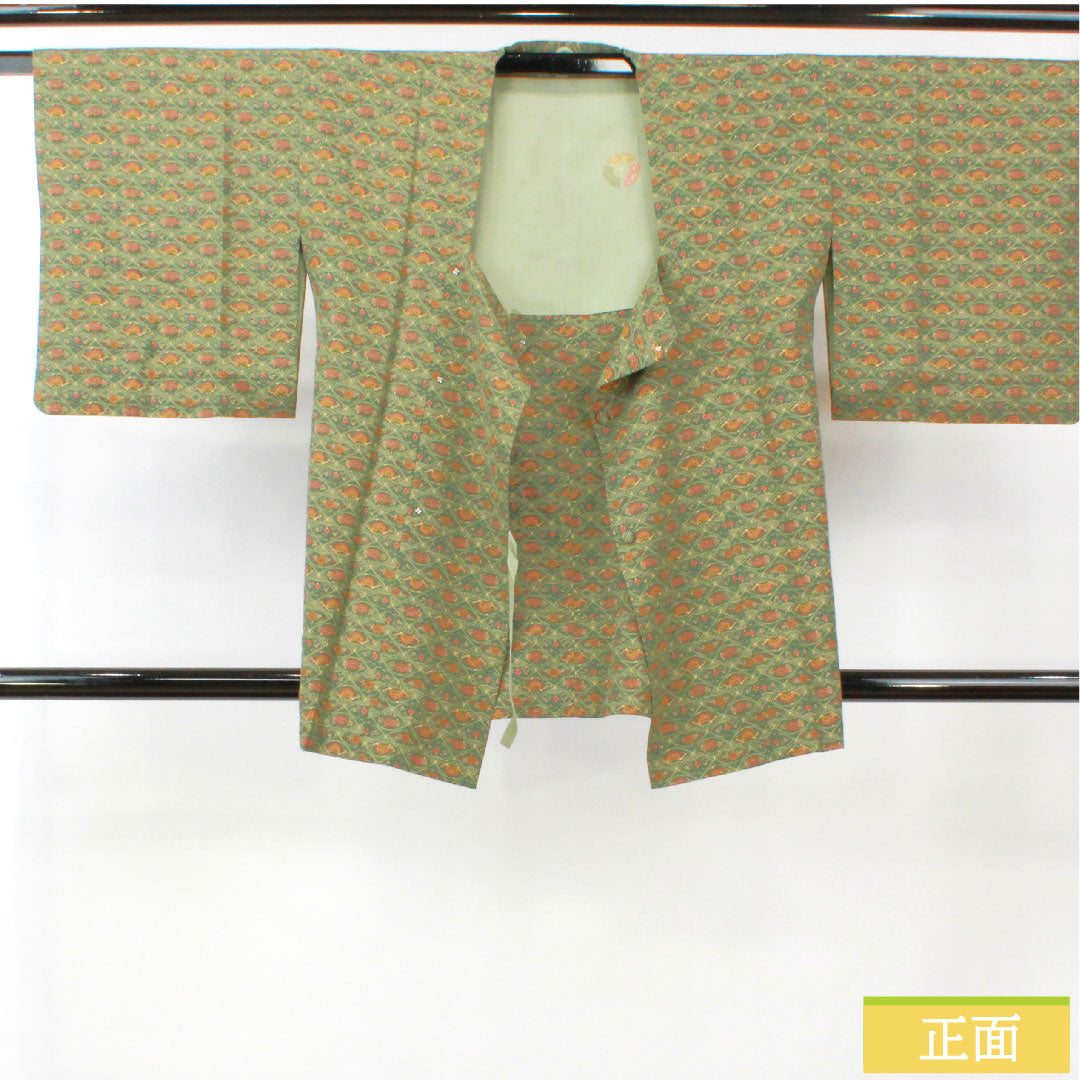 Michiyuki coat, pure silk, length 83.5cm, sleeve length 64cm, fan, flower pattern, S rank, lined, green, 1117001112919