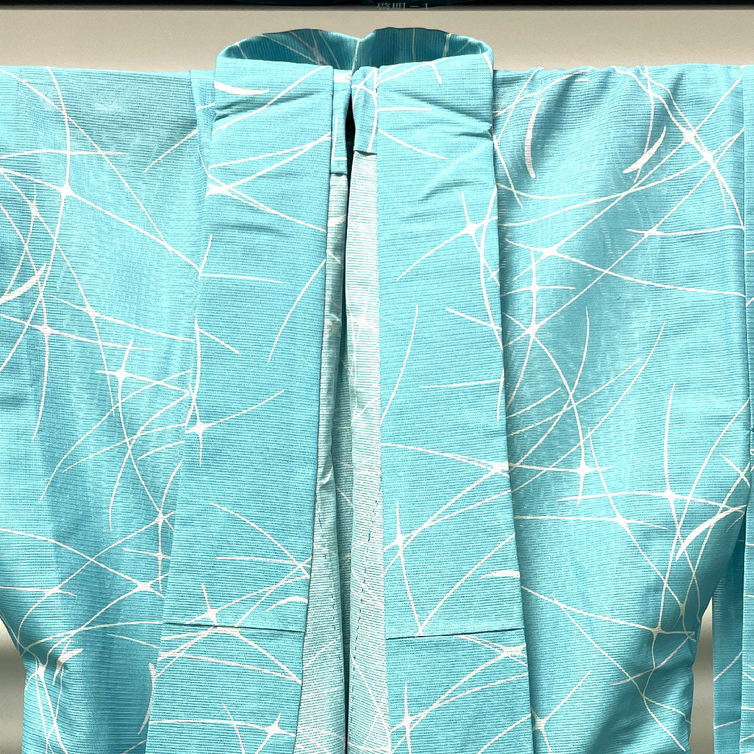 Summer kimono, polyester, small pattern, length 154.5cm, sleeve length 61.5cm, light blue, washable kimono, geometric pattern, silk, S rank, light blue, 1132001722224