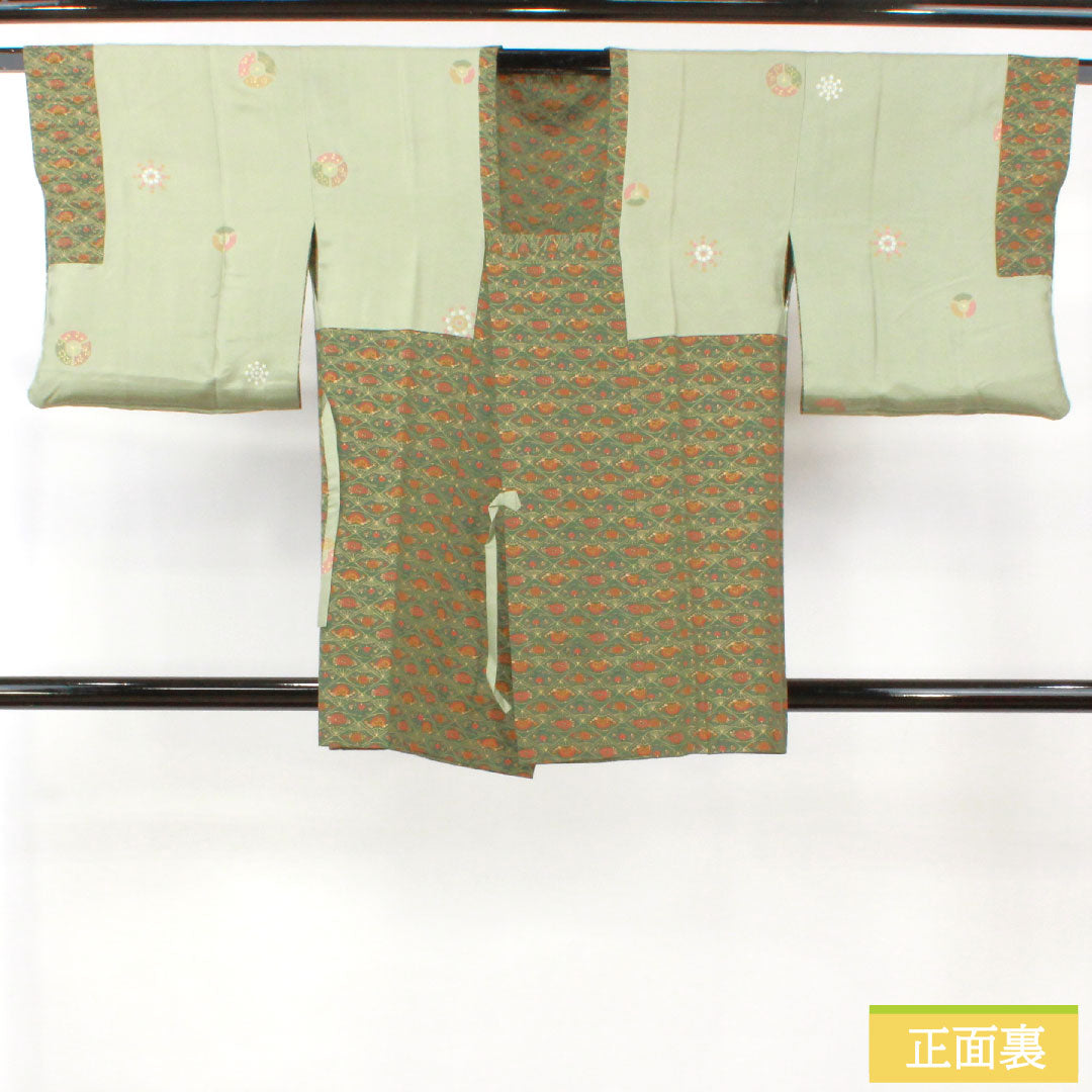 Michiyuki coat, pure silk, length 83.5cm, sleeve length 64cm, fan, flower pattern, S rank, lined, green, 1117001112919